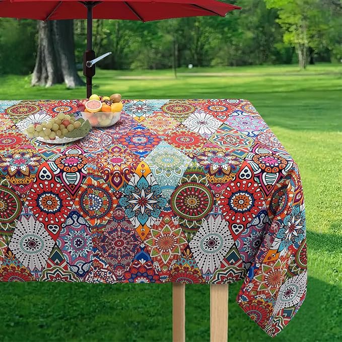 Outdoor Tablecloth with Umbrella Hole and Zipper, Rectangle Patio Table Covers for Spring/Summer, Machine Washable Outdoor Picnic Table Cloth (Kaleidoscope, 60" × 120" Rectangular)