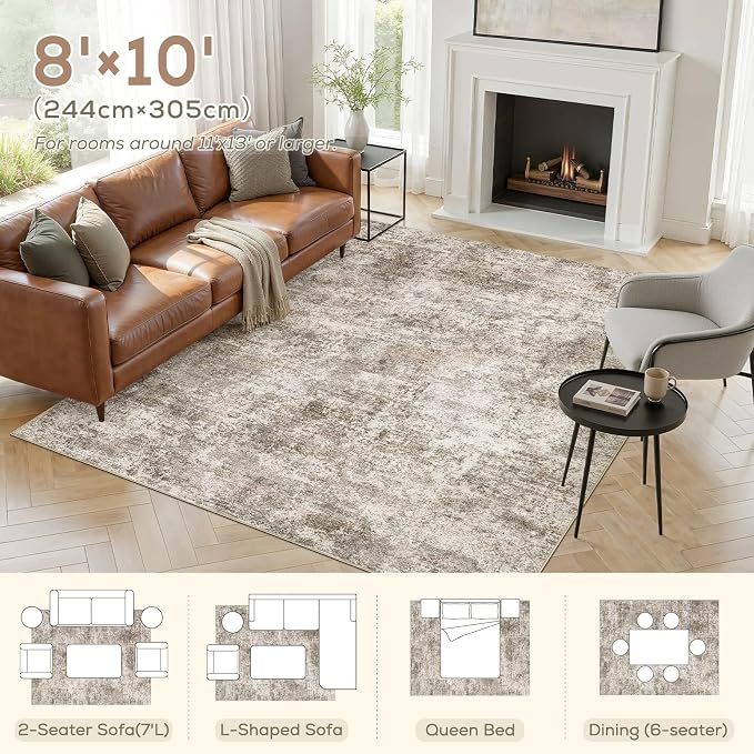Nakagishi 8X10 Abstract Washable Area Rugs for Living Room-Brown | Modern Non-Slip Silicone Backing Low Pile Soft Carpet for Bedroom Dining Decor Ideal for Families with Kids and Pets
