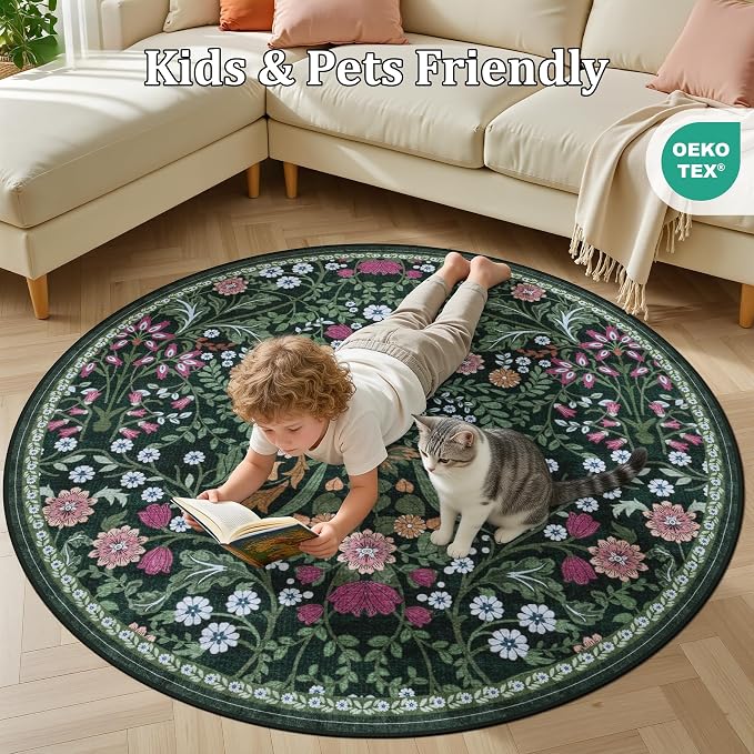 PLHXFR Round Area Rug Living Room: 4 ft Floral Washable Carpet Dark Green | For Bedroom Dining Room Farmhouse Nursery Hallway,Vintage Floral,Machine washable,Non Slip,Stain Resistant,Large Indoor