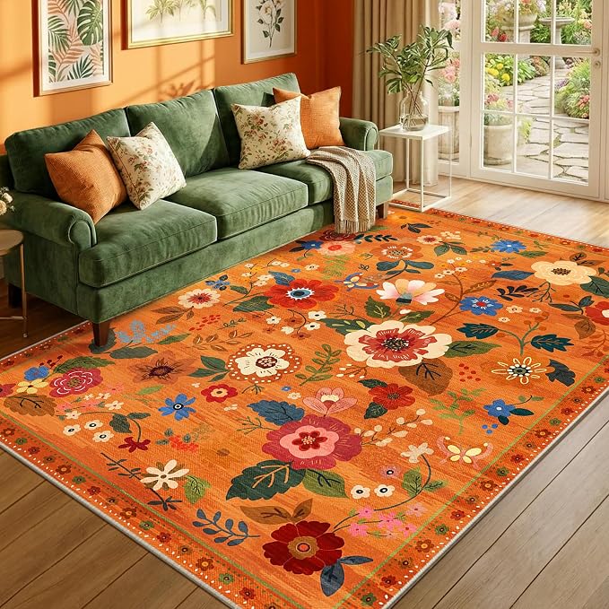 RELEANY Floral Washable 8x10 Area Rugs BurntOrange | Flower Carpet, Print, Boho, Non-Slip, Easy to Clean, Soft, Low Pile for Living Room Bedroom Kitchen Office Entryway Hallway