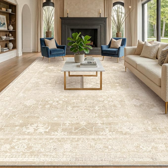 Neutral 8x10 Beige Area Rugs for Bedroom, Living Room, Cottagecore Boho Abstract Distressed Washable Ivory and Champagne Rug for Dining Room, Stain Resistant Low Pile Anti-Slip Ultra Soft