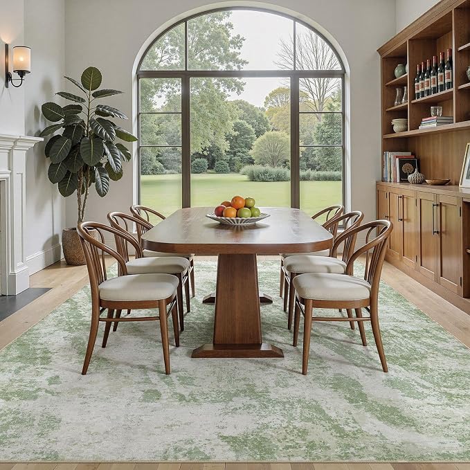 DMOYEST 8x10 Area Rug for Living Room Washable Abstract Indoor Carpet | Neutral Modern Low Pile Rugs Kid & Pet Friendly Large Soft Thin Carpet for Bedroom Dining Room and Office - Light Green
