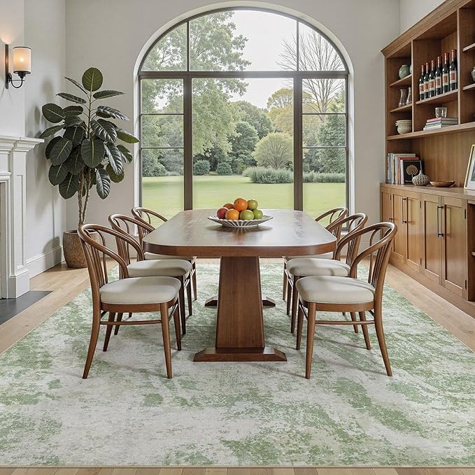 DMOYEST 9x12 Area Rug for Living Room Washable Abstract Indoor Carpet | Neutral Modern Low Pile Rugs Kid & Pet Friendly Large Soft Thin Carpet for Bedroom Dining Room and Office - Light Green