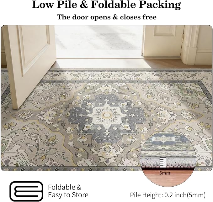 Vintage Farmhouse 8x10 Washable Rug | Non-Slip, Stain Resistant, Low-Pile Carpet for Living Room, Dining Room, Bedroom, Office, Grey Green