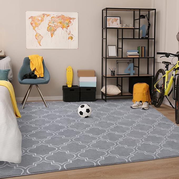 Chicrug 3x5 Shag Geometric Modern Area Rug for Bedroom Entryway | Memory Foam Indoor Carpet, Fluffy Rug for Bedside Room for Family Girls Kids Play Mat, Grey and White