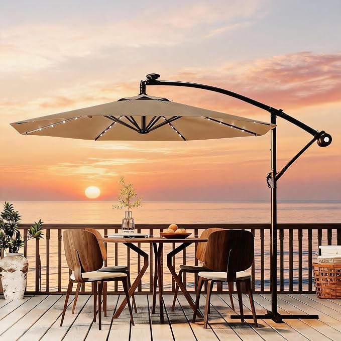 Garvee 10FT Solar Lights Offset Patio Umbrella with Cross Base, Cantilever Umbrella with Easy Lift & Tilt Adjustment, 8 Ribs Sun umbrella UV Protection for Backyard, Pool, Garden, Tan