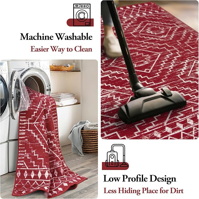 Wonnitar Moroccan Washable 3x5 Rug for Living Room, Non-Slip Chrisrmas Rug for Entryway, Low Pile Soft Farmhouse Area Rug for Bedroom Entry Kitchen Basement (Red,3'x5')
