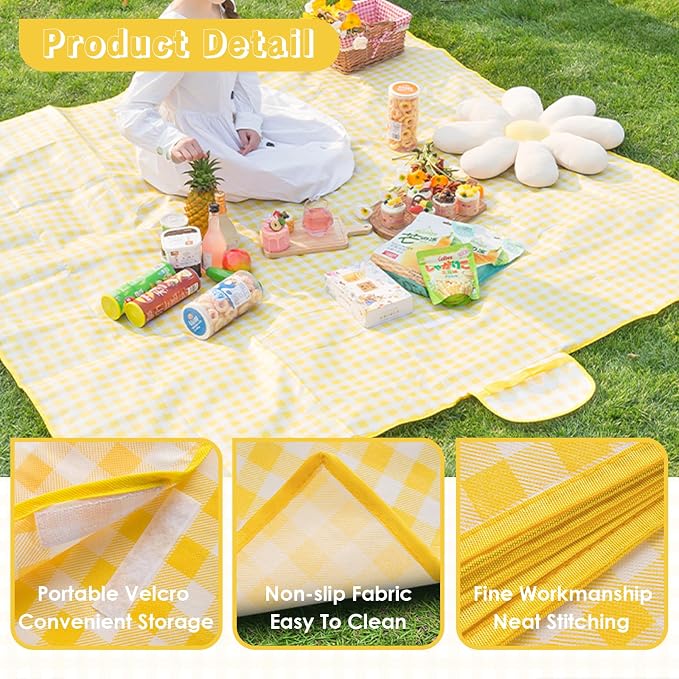 Portable Picnic Blanket, Waterproof Sandproof Foldable Outdoor Mat with Handle for Beach, Camping, Hiking, Travel, and Family Concerts (Yellow)