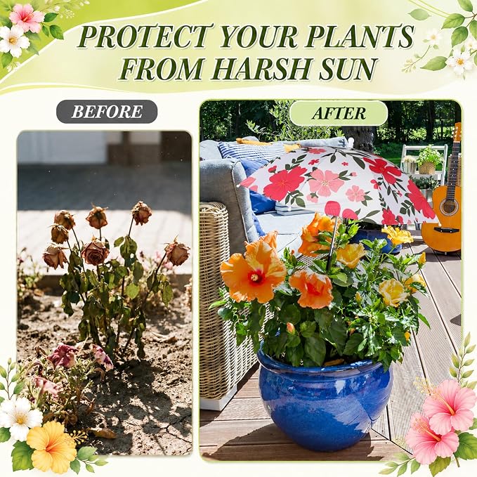 6 Pcs Flower Plant Umbrellas for Outdoor Plants 23.6" Wide Adjustable Height Floral Umbrella Shade Canopy Cover for Summer Garden Potted Plants Flower Beds UV Block & Heat Protection