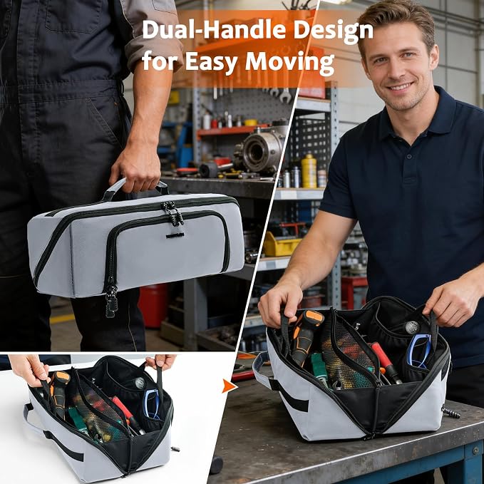 Tool Bag Organizer for Electrician & Technician, Portable Wide-Open Tool Tote with Multi Compartments, Heavy Duty Tool Storage Bag for HVAC, Plumbing, Garage & Home Repair Tools, Handyman