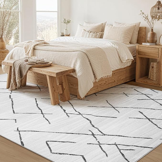 kakania Washable 10x12 Area Rug for Living Room: Boho Geometry Home Decor | Soft Stain Resistant, Low-Pile, Non-Slip, Pet & Kid Friendly, Thin Rug for Bedroom/Dining Room/Kids Dorm - Light Grey
