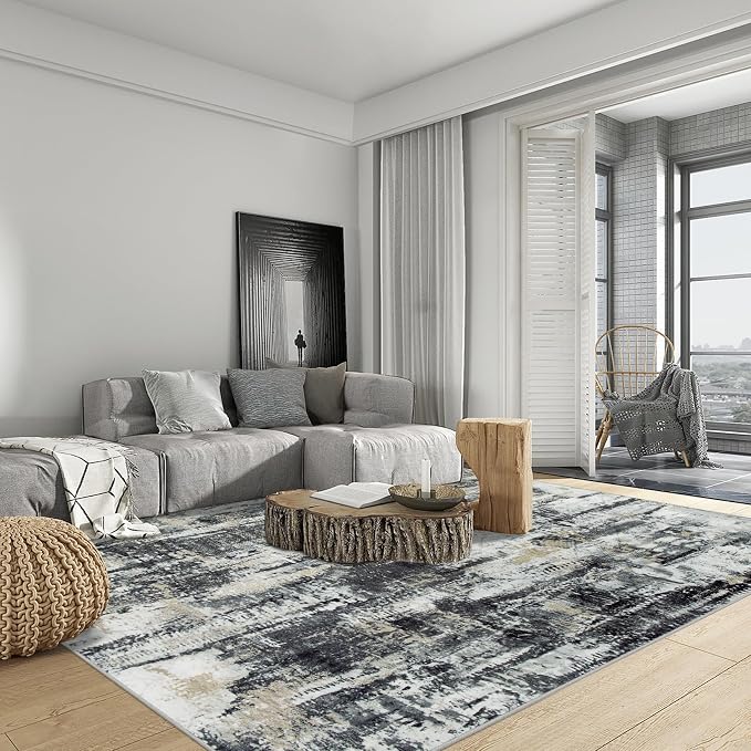 6x9 Area Rugs for Living Room: Washable Abstract Black Grey Gold Carpet | Non-slip TPE backing makes this washable soft low-pile rug safe & durable, Pet-friendly decor for dining room,nursery,office