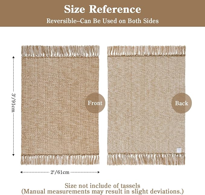 Boho Small Bathroom Rug 2' x 3', Modern Farmhouse Rugs for Entryway | Hand-Woven Washable Kitchen Mat, Tan/Cream Low Profile Front Door Mat, Reversible Jute Porch Carpet for Laundry Bedroom