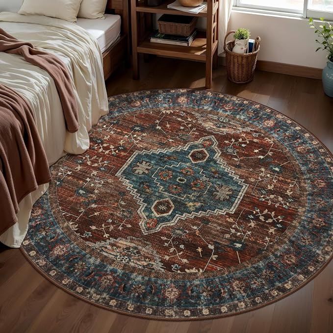 Tangsoo Oriental Round Area Rugs 5ft, Washable Non Slip Circle Rug | Vintage Low Pile Circular Rugs,Boho Round Carpet for Bedroom Living Room Dining Room Nursery Dorm Office Rust/Blue Home Decor
