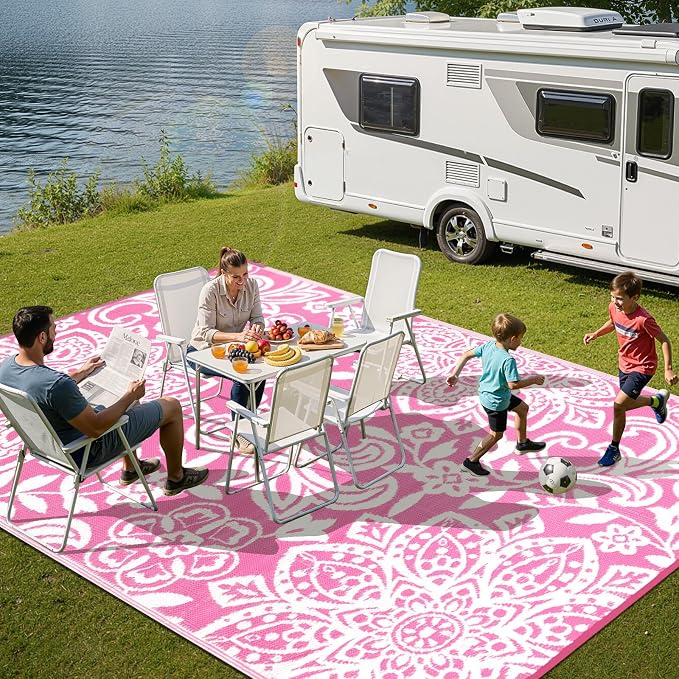 Findosom Waterproof Outdoor Rug 5' x 8' - Reversible Mandala Outdoor Plastic Straw Rug, Durable Foldable Patio Rug for RV, Deck, Balcony, Backyard, Picnic, Porch, Camping, Beach, Pink
