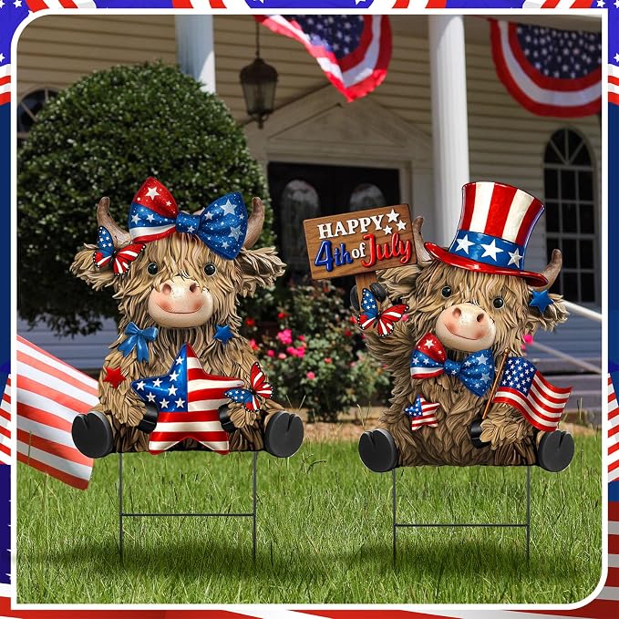 Amyhill 2 Pcs 4th of July Metal Outdoor Decor Garden Stakes Patriotic Highland Cow Welcome Yard Signs Decorations Red White Blue Garden Stakes for Independence Memorial Day Patio Lawn Walkway Outside
