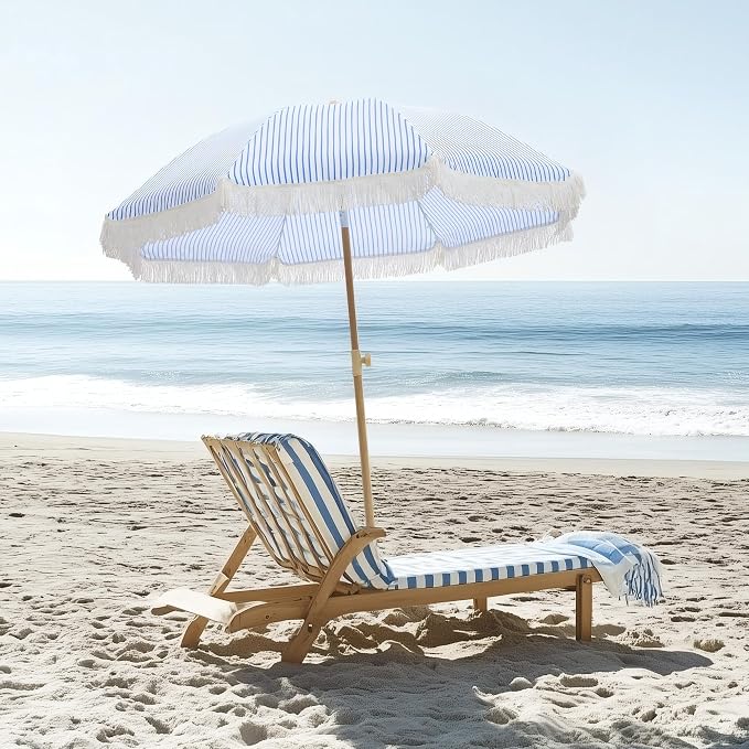 6.5FT Boho Patio Umberlla with Fringe,UPF50+ Outdoor Umbrella with Fiberglass Ribs and Push Button Tilt,Tassels Umbrella for Beach,Terrace,Picnic