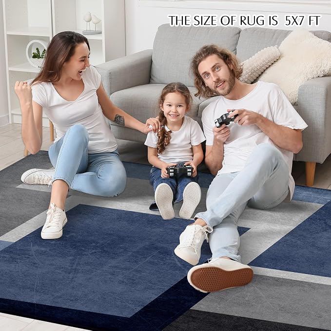 Washable Low-Profile Geometric Area Rug, 0.2 inch Thin Abstract Rug Design for Living Room & Bedroom Decor, 5x7 ft Blue Grey Modern Non-Slip Floor Rug