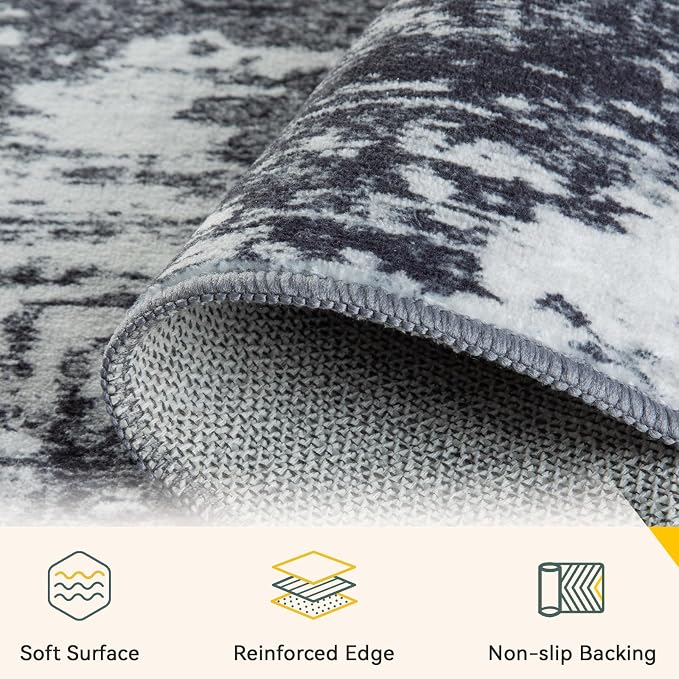 RELEANY Washable 9'x12' Abstract Area Rug for Living Room Black White | Carpet for Bedroom, Kitchen, Office, Hallway and Entryway, Printed Pattern, Non‑Slip, Soft, Stain‑Resistant, Easy to Clean