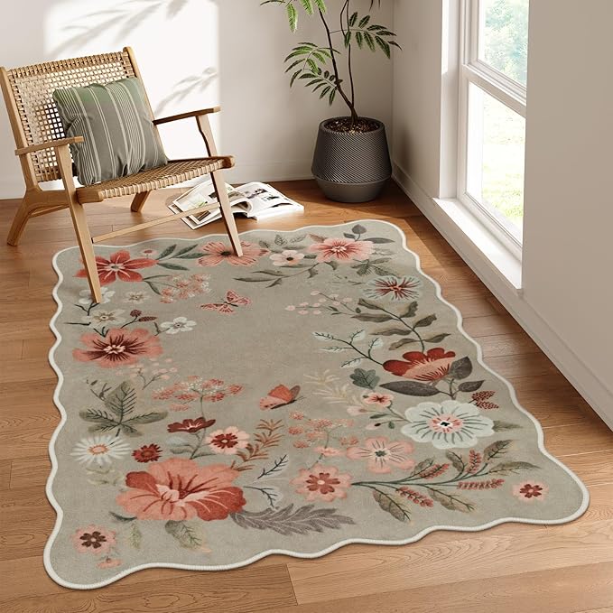 Lahome Floral Washable Rugs for Bedroom, 4X6 Area Rug Soft Living Room Rug | Ultra-Thin Non-Slip Classroom Stain Resistant Lightweight Boho Low-Pile Throw Carpet for Office Flore, Brown