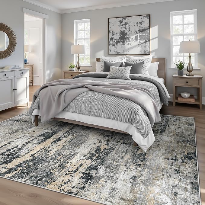 pmtsns Area Rugs 6x9 for Living Room: Washable Rug Modern Abstract Neutral Soft Non-Slip Low-Pile Indoor Carpet for Bedroom Dining Room Playroom Home Office (Black Grey Brown, 6'x9')