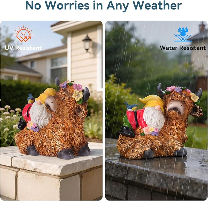 Highland Cow Gnome Statue, Highland Cow Gnomes Garden with LED Lights and Bird, Solar Garden Statues for Yard, Patio, Balcony, Lawn Ornaments Figurines Gifts for Women, Mom