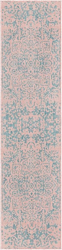 Unique Loom Outdoor Collection Area Rug - Dubai (2' x 8' Runner, Pink and Aqua/Light Blue)