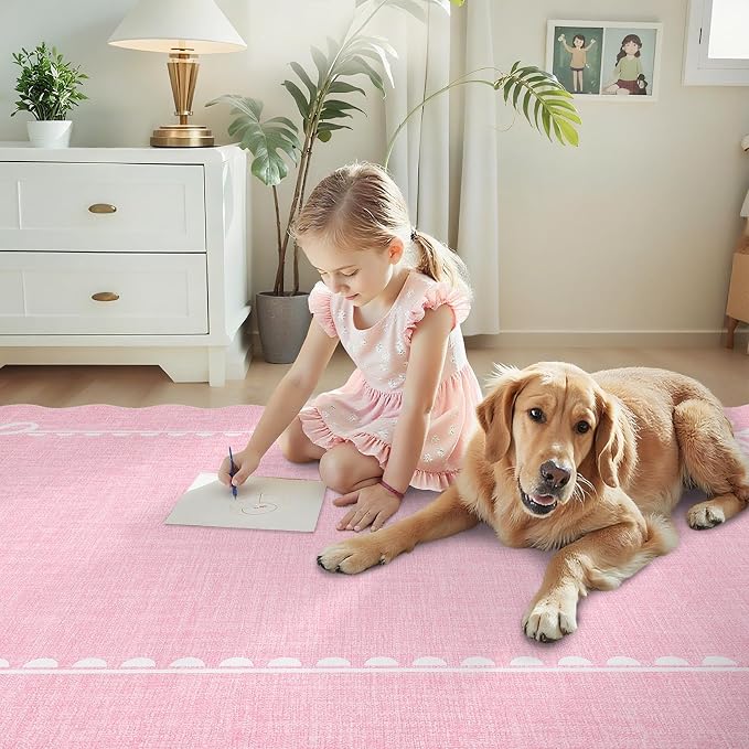 COZYLOOM Washable Kids Room Rug 9x12 Scalloped Rugs for Living Room, Pink | Rubber Backing Modern Bow Print Stain Resistant Non Shedding Low Pile Soft Bordered Area Rug for Dining Room Bedroom Nursery