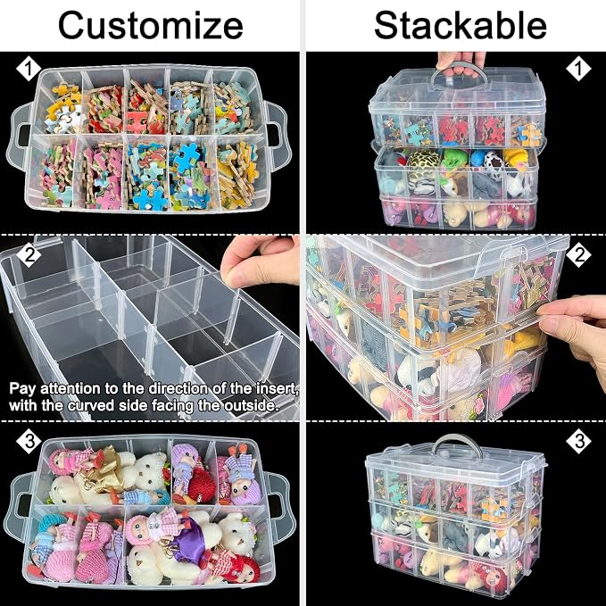 Guyuyii 3-Tier Stackable Bead Organizer with Adjustable Dividers and Handle | Portable Storage Case for Craft, Sewing, Jewelry Making | Compatible with Beads, Embroidery Floss, Washi Tape, Lego Pieces