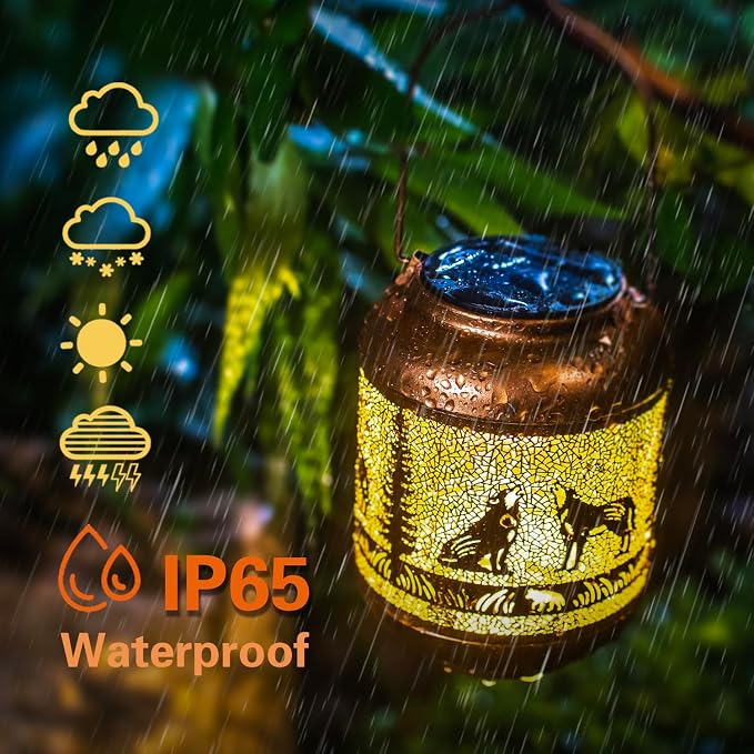 Wolf Solar Lanterns Outdoor Waterproof Hanging Solar Lights Wolf Gifts for Women Men Mom Metal Decorative LED Outdoor Lanterns for Patio, Lawn, Landscape, Garden Decor, Yard Decorations