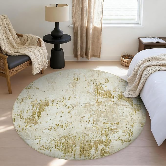 ROYHOME Modern Abstract 4x4 Round Area Rug Non Slip Non Shedding Rug Low Pile Stain Resistant for Bedroom Living Room Office Dining Room,Golden Grey