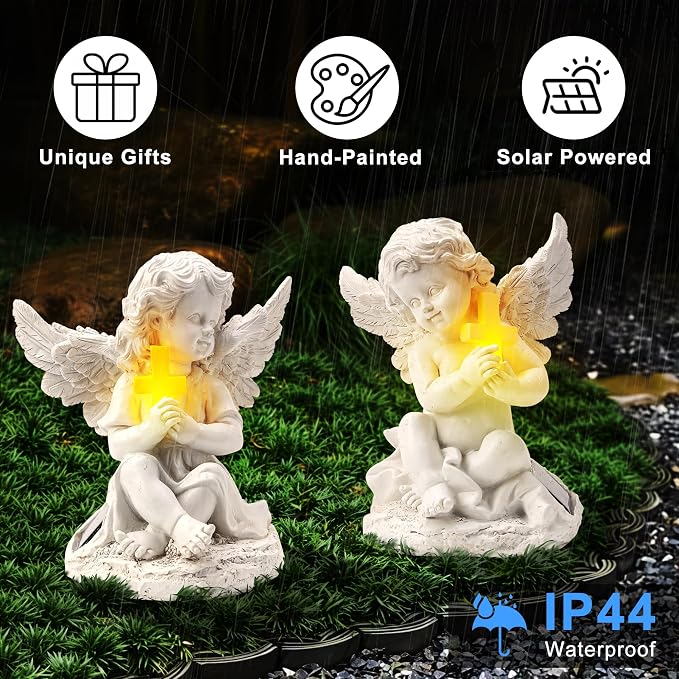 Solar Garden Statues Angel with Cross, 2 Pack Outdoor Garden Decor for Yard, Patio Decorations Gifts for Mom Grandma Women, Solar Angel Lawn Ornaments for Outside Porch Flower Bed Decor