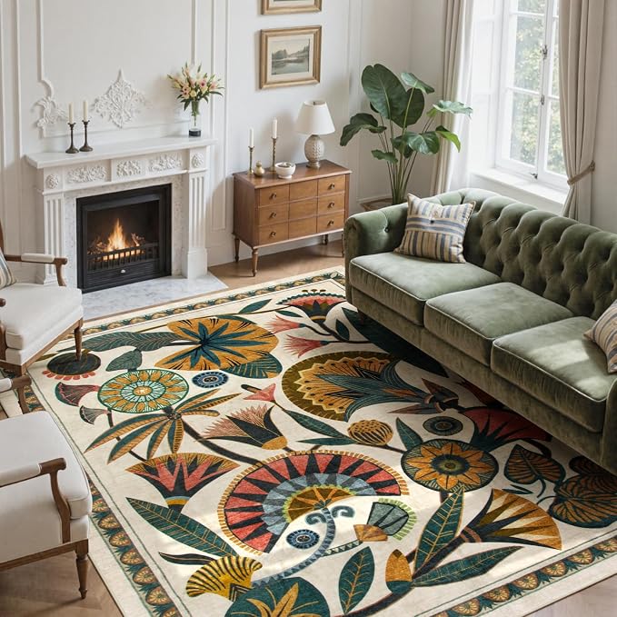 Zealude Beige 8x10 Area Rugs for Living Room, Soft Washbale Bedroom Rugs, Non Slip Low Pile Dining Room Rug, Stain Resistant Large Rug for Playroom Office Kitchen Indoor