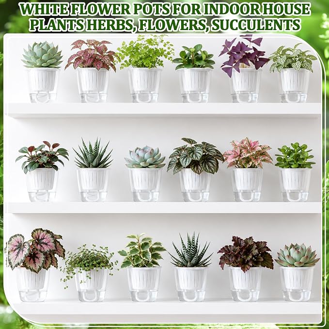 36 Pcs Self Watering Pots 3.5 Inch Plastic Flower Plant Pot with Inner Pot Self Watering Wick Planter White Clear Flower Pots for Indoor Plants Herbs, Flowers, Succulent (Transparent White)