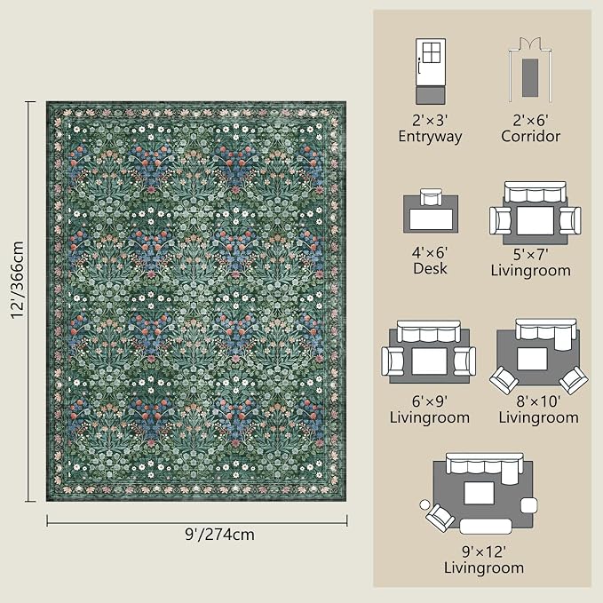 Washable Dark Green Rug for Living Room, 9x12 Large Area Rug for Dining Room, Bedroom, Soft, Low Pile, Non-Slip & Stain Resistant - Vintage Floral Design Carpet