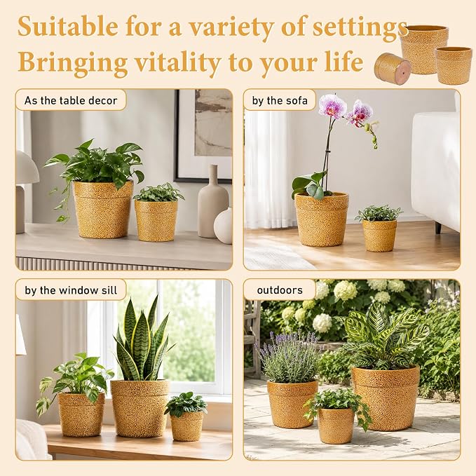 Ceramic Planters Set of 3, 15/12/9 Inch Indoor & Outdoor Large Plant Pots with Drainage Hole, Handmade Speckled Glaze Decorative Flower Pots for Indoor Plants, Patio & Garden, Antique Yellow