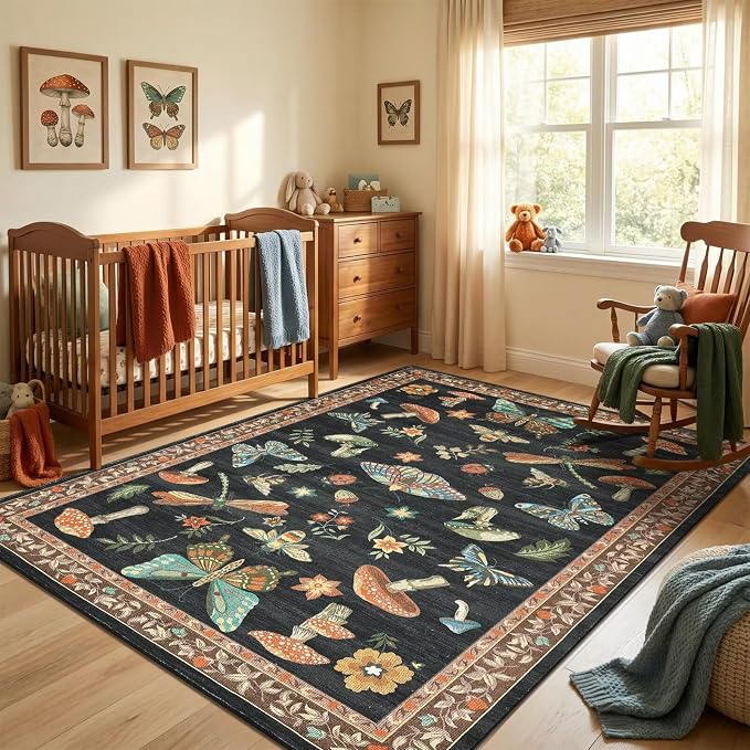 ROYHOME Mushroom 6x9 Area Rugs for Living Room Low-Pile Whimsical Cottage Core Insect Bug Butterfly Funky Dark Gothic Decor for Bedroom Nursery Dining Room Black Brown