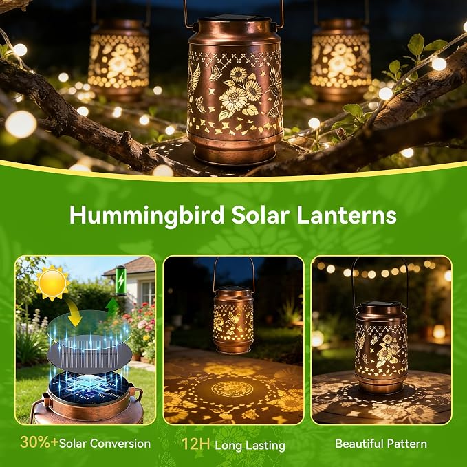 Gifts for Women, Birthday Gifts for Mom Grandma, Solar Lanterns Outdoor Waterproof Hummingbird Garden Decor, 10 Hours Long Lasting Hanging Solar Lights, Solar Decoration Outside for Yard Patio Porch