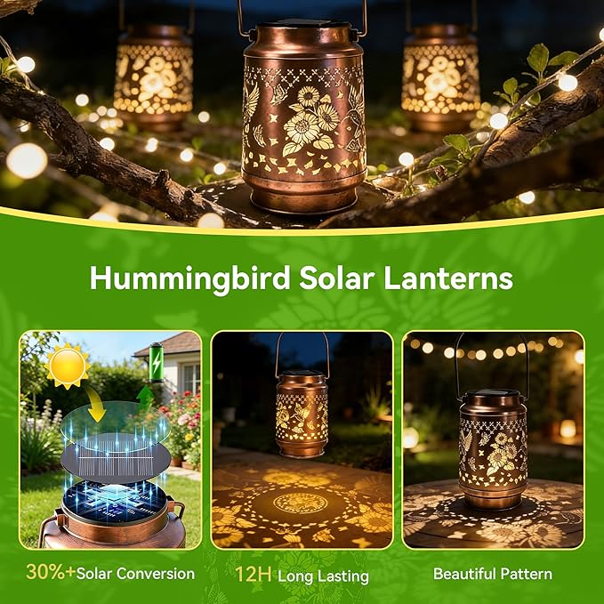 Gifts for Women, Birthday Gifts for Mom Grandma, Solar Lanterns Outdoor Waterproof Hummingbird Garden Decor, 10 Hours Long Lasting Hanging Solar Lights, Solar Decoration Outside for Yard Patio Porch