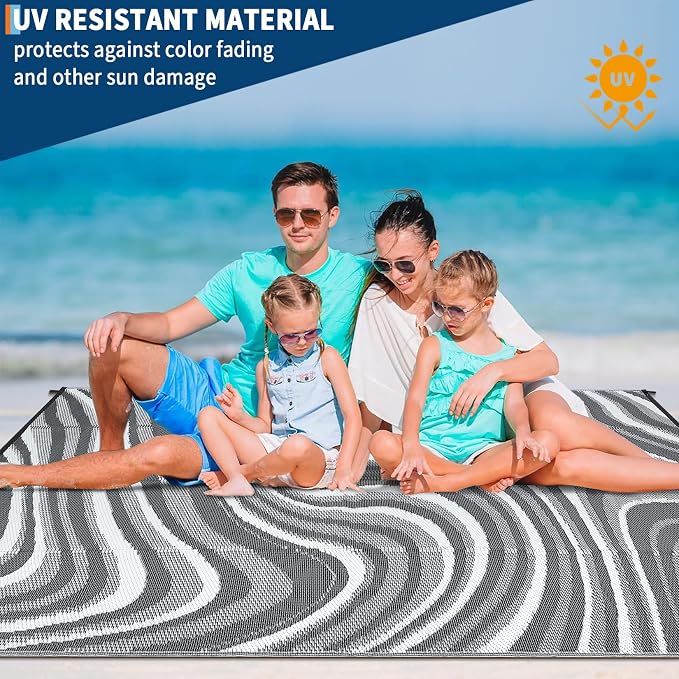 Garvee Waterproof Outdoor Rug 10x20 Large Abstract Outdoor Camping Rug with Portable Bag, Foldable Reversible Plastic Straw Rugs Modern UV Resistant Mats for Picnic Backyard RV Beach, Black Grey