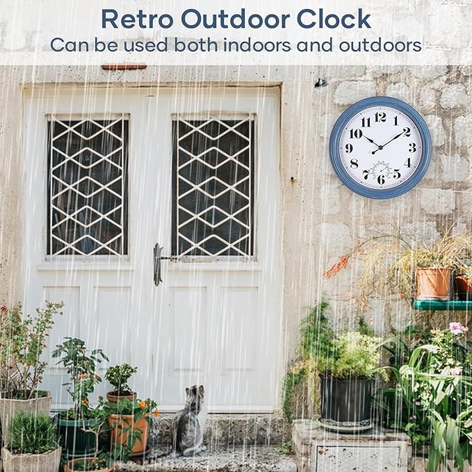 Outdoor Clock Waterproof 12 Inch Outdoor Clocks with Thermometer Combo Wall Clock Battery Operated Non-Ticking for Patio Pool Garden (Blue, 12Inch)