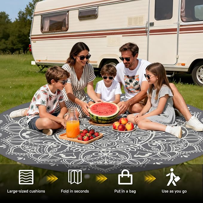 Pauwer Waterproof Outdoor Rug 8ft, Reversible Plastic Straw Patio Camping Rug, Indoor Outdoor RV Mat Carpet for Deck, Camper, Porch, Balcony, Backyard, Picnic, Floral Grey