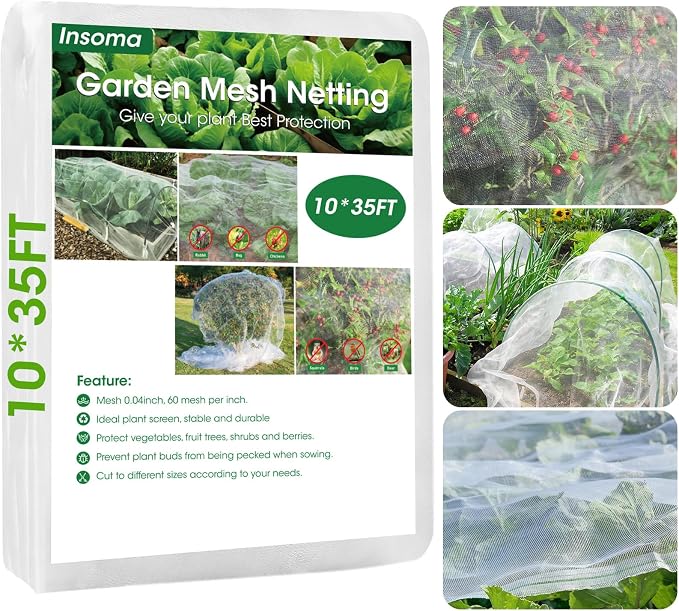 10x35Ft Garden Netting for Raised Bed, Thickened 60 Mesh Bird Netting for Garden Protection, Mesh Insect Row Covers for Plant Pest Barrier Fruits Flowers Crops Greenhouse Protect from Birds Bugs