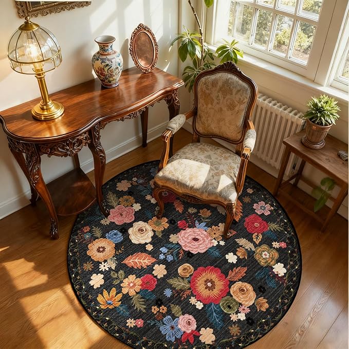 4ft Round Bedroom Rug Washable: Circle Rugs for Living Room Floral Vintage Non Slip Low Pile Soft Faux Wool Non Shedding Small Carpet for Kitchen Entryway Bathroom Bedside Office Farmhouse Entrance