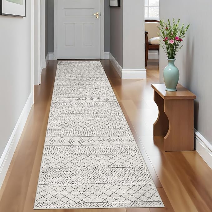 2x10 Hallway Runner Rug: Washable Non Slip Moroccan Carpet Geometric Grey | Soft Stain Resistant Easy Clean Mat for Kitchen Entryway Bedroom Family with Pets