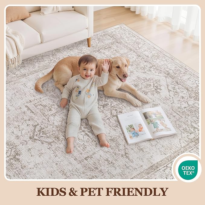 Area Rug 6x9 Living Room Rug Washable Beige Brown Non-Slip Rugs | Vintage Medallion Rug，Soft Low Pile Large Rugs，Indoor Retro Carpet for Bedroom Nursery Dining Table Farmhouse Home Office