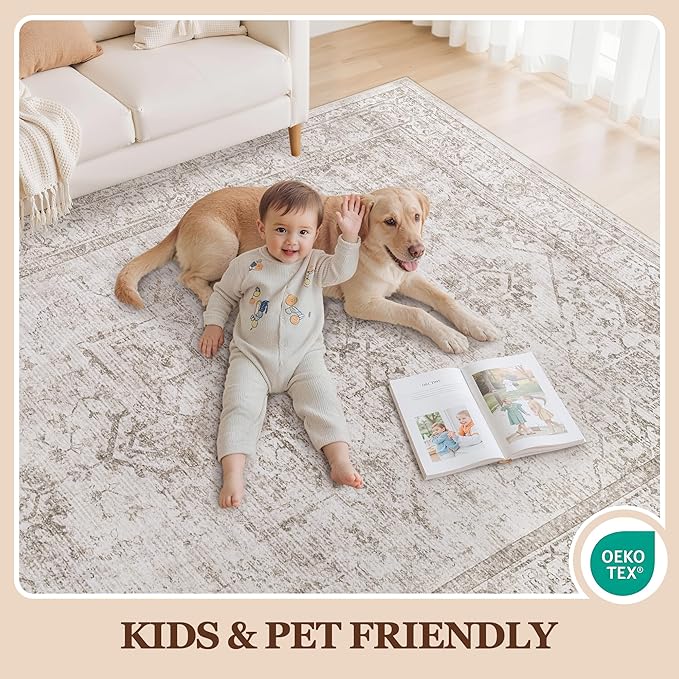 5x7 Washable Area Rugs for Bedroom Beige Brown Non-Slip Rug | Vintage Medallion Rug，Soft Low Pile Large Rugs，Indoor Retro Carpet for Bedroom Nursery Dining Table Farmhouse Home Office
