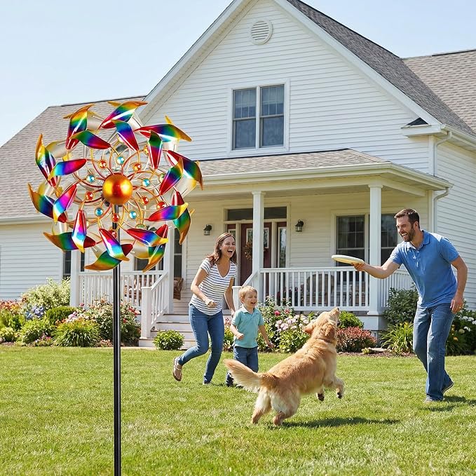 Solar Wind Spinners for Yard and Garden - 360° Metal Large Wind Sculptures Outdoor Clearance Kinetic Windmills with 4 Layer Jeweled Blades for Patio, Lawn Garden Decoration - 54Inch