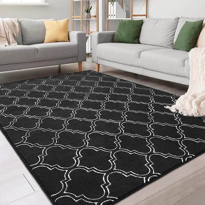 Chicrug 5x7 Shag Geometric Modern Area Rug for Bedroom Living Room | Memory Foam Indoor Carpet, Fluffy Rug for Bedside Room for Family Girls Kids Play Mat, Black and White