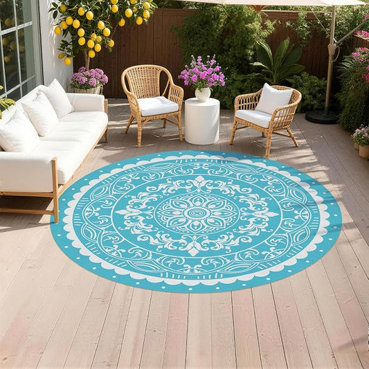 Pauwer Waterproof Outdoor Rug 8ft, Reversible Plastic Straw Patio Camping Rug, Indoor Outdoor RV Mat Carpet for Deck, Camper, Porch, Balcony, Backyard, Picnic, Paisley Teal